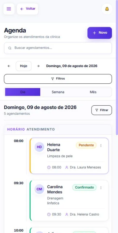 Sistema para Clínica de Estética em uma interface responsiva de smartphone